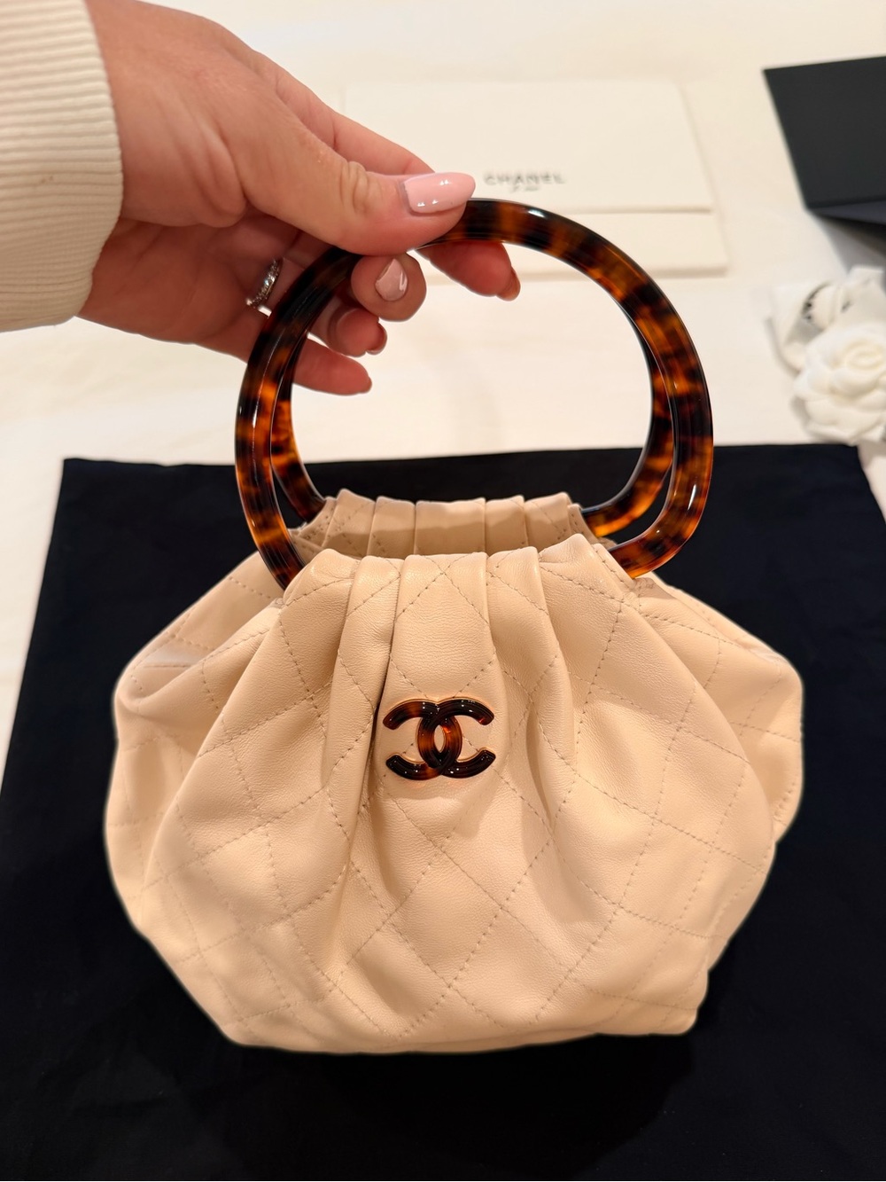CHANEL Cream Quilted Leather Mini Bag with Tortoiseshell Ring Handles